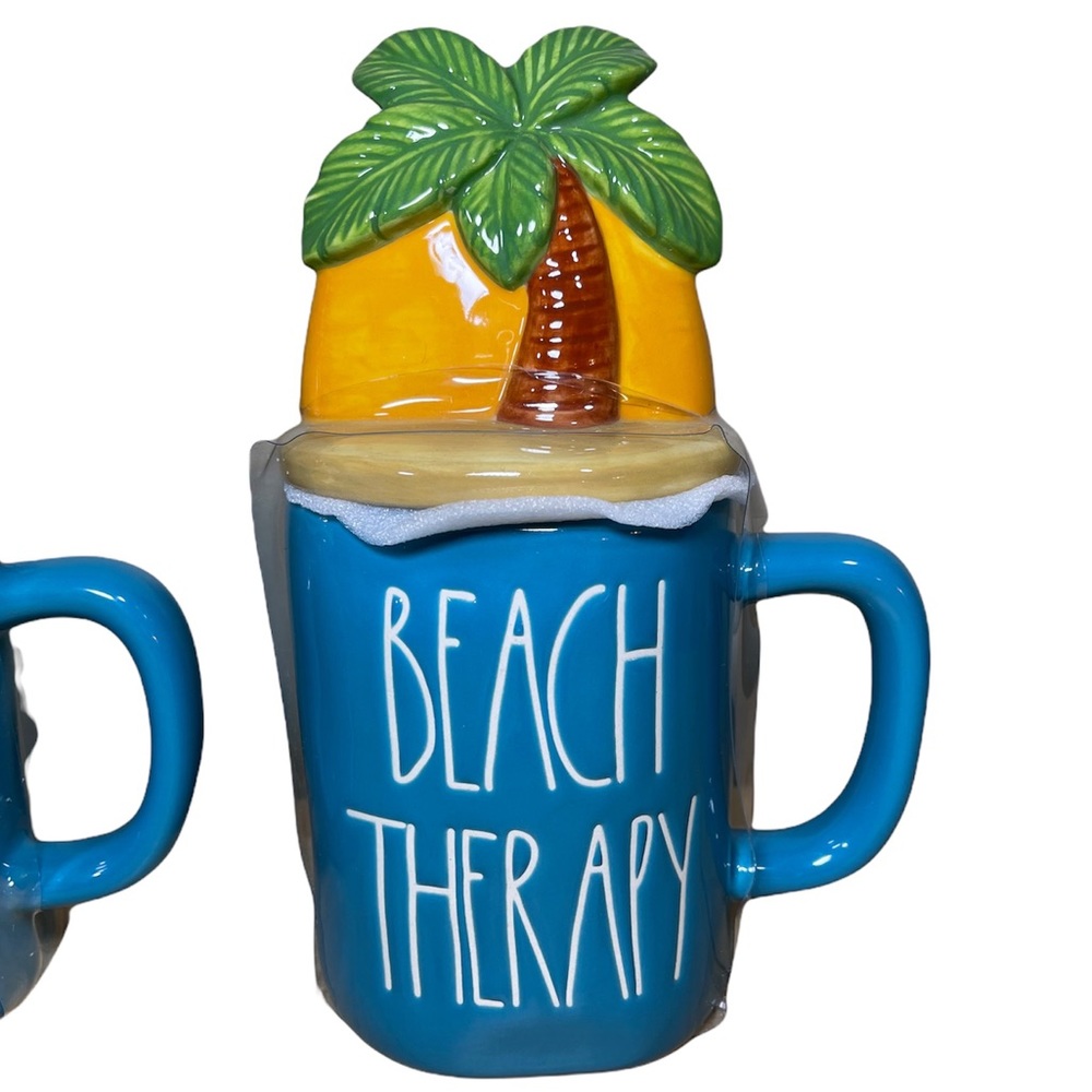 ⚡️SOLD⚡️Rae Dunn "Beach Therapy" Coffee Mug w/ Topper Lid Palm Tree 2 Set Mugs - Picture 11 of 11